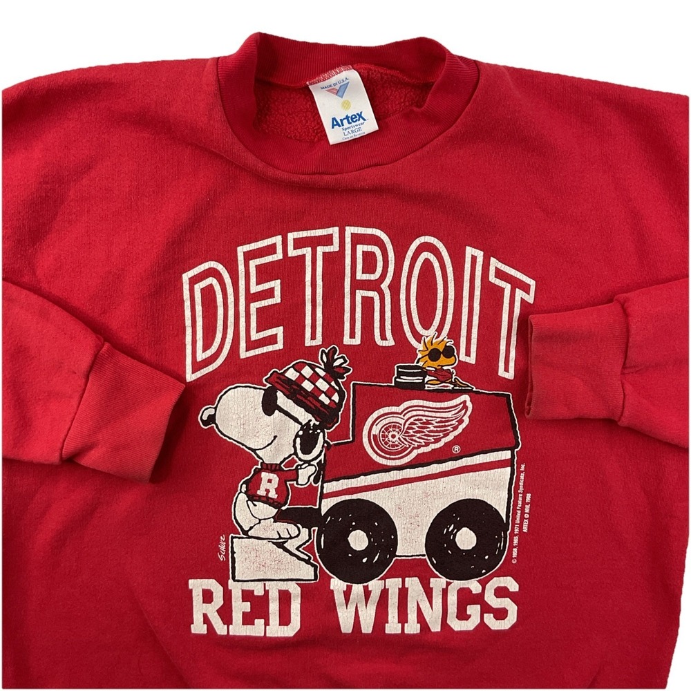 Detroit Red Wings Snoopy Sweatshirt Sz L 80s Crewneck Red NHL USA 1988‎ Vintage